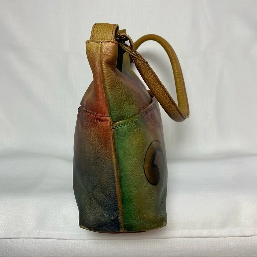 Anuschka Gorgeous Hand Painted Medium Zip Top Genuine Brown Leather Hobo Bag